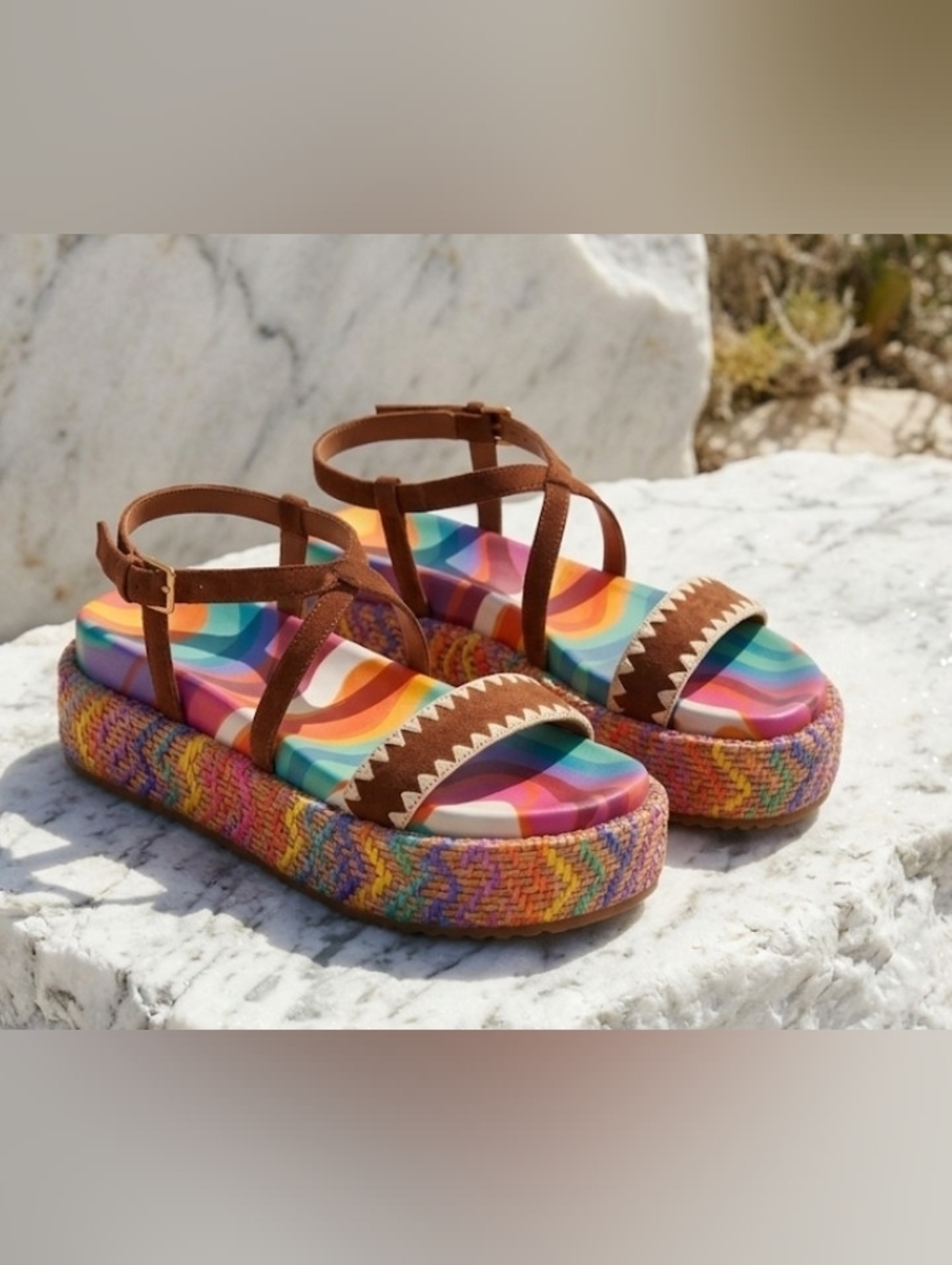 K G Chunky Platform Wedge Sandals 8 Artisy Retro Funky Boho Rainbow